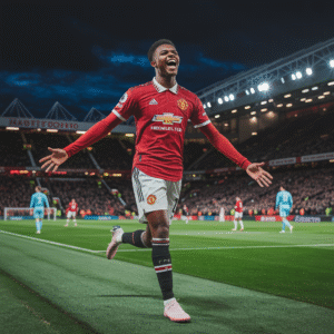 Amad Diallo celebrates after scoring for Manchester United at Old Trafford