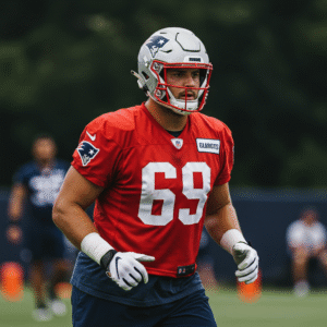 Patriots offensive lineman Cole Strange in red practice jersey number 69 on the field.