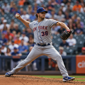 onah Tong in New York Mets uniform pitching on the mound during practice.