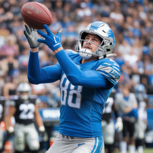 Tim Patrick making a flying catch in a Lions-style uniform