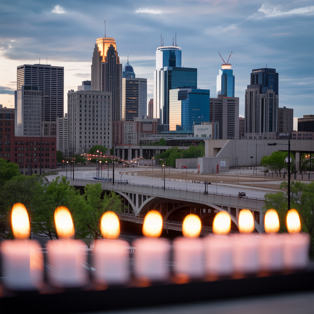 AI editorial illustration of Minneapolis skyline with tribute lights, reflecting Fox News coverage of school traged