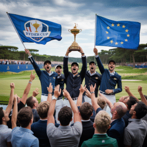 European Ryder Cup Team celebrating victory with flags and fans at Bethpage Black.