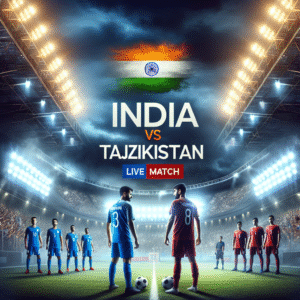 India vs Tajikistan football live match – Indian player in blue vs Tajikistan player in red, stadium background, bold text "Live Match".