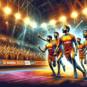 U Mumba kabaddi players celebrating raid point in Pro Kabaddi 2025.