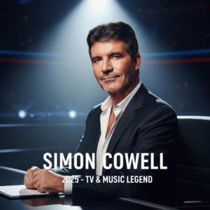Simon Cowell in 2025 as a TV and music legend on a talent show stage.