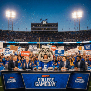 Lee Corso on ESPN College GameDay making his final headgear pick in front of cheering fans
