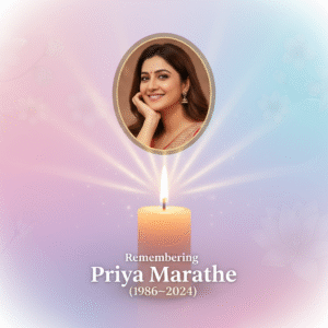 Memorial tribute graphic of Pavitra Rishta actress Priya Marathe with soft floral background and remembrance candle