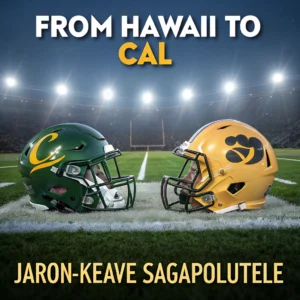 Composite artwork of Hawaii and Cal football helmets merging, symbolizing Jaron-Keawe Sagapolutele’s transfer journey.