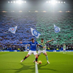 Rangers vs Celtic Old Firm Derby match in 2025 with players competing and fans creating a vibrant atmosphere in the stadium.