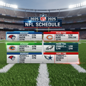 2025 NFL schedule graphic with football field, team logos, and highlighted matchups.