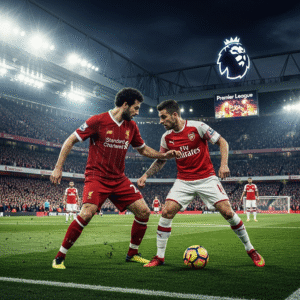 Liverpool and Arsenal players battling for the ball in a Premier League match at Anfield.