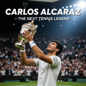 Carlos Alcaraz celebrates victory holding a tennis trophy under stadium lights.