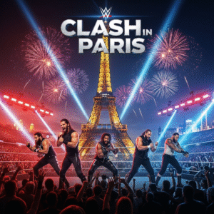 Clash in Paris Match Card in Paris poster with Seth Rollins, Jey Uso, and Street Profits in front of the Eiffel Tower and fireworks.