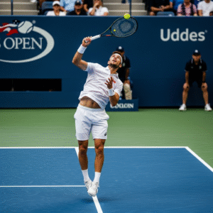 Alexander Bublik hitting a serve during a US Open tennis match in front of cheering fans.