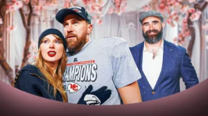 Jason Kelce reacting to Travis Kelce and Taylor Swift’s engagement on the New Heights podcast.