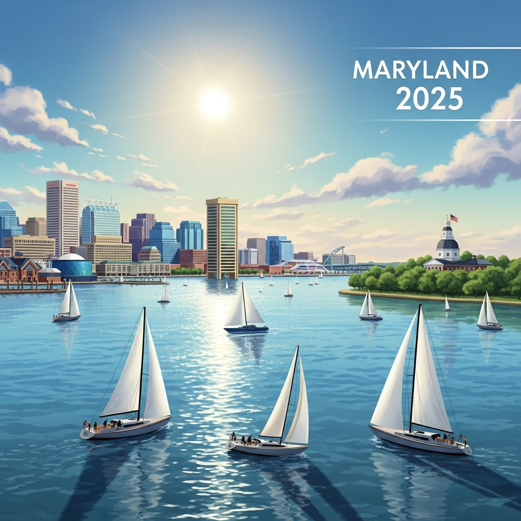 Maryland 2025 scenic view with Chesapeake Bay, Baltimore skyline, and Maryland State House.