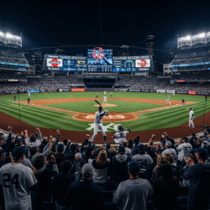 New York Yankees baseball player preparing to bat at Yankee Stadium during a night game in 2025 MLB season.