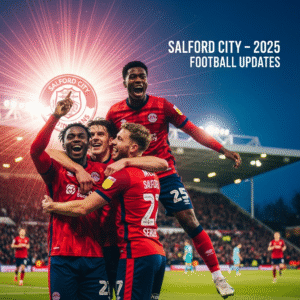Salford City FC players celebrating a goal with fans in a stadium.