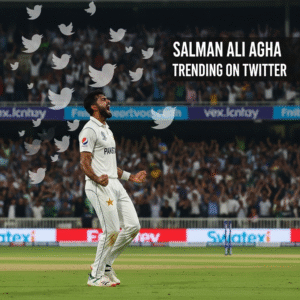 Salman Ali Agha celebration after batting performance with Twitter trending graphics.