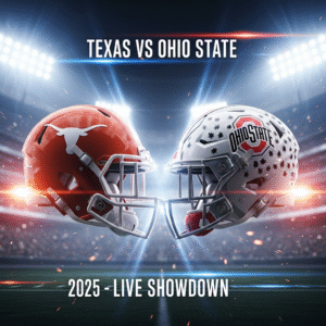 Texas vs Ohio State 2025 college football game poster with Longhorns and Buckeyes helmets under stadium lights – live NCAA showdown
