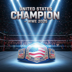 WWE United States Championship belt glowing under arena lights with fans cheering.