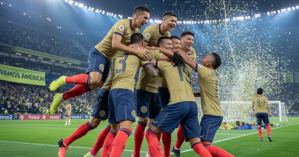 Club America players celebrate a goal at Estadio Azteca during the 2025 Liga MX season