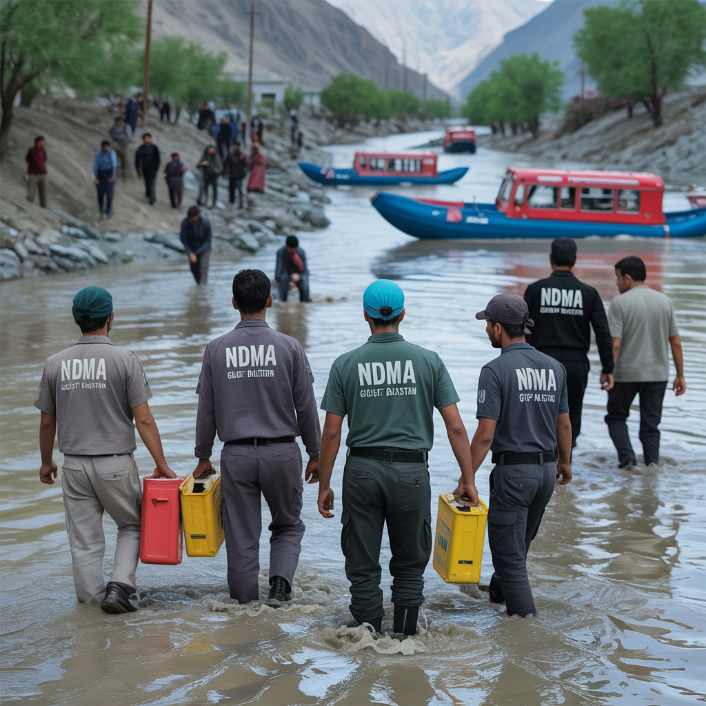 NDMA rescue workers helping stranded families during flood operations in Ghizer, Gilgit-Baltistan.