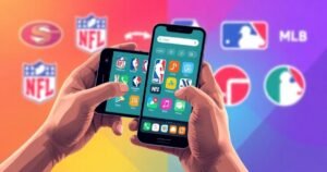 Person holding a smartphone showing multiple sports apps with NFL, NBA, MLB, and soccer league logos in the background, symbolizing real-time sports updates.