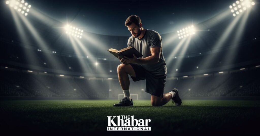 Bible Verses for Athletes with Bible on sports field under stadium lights.