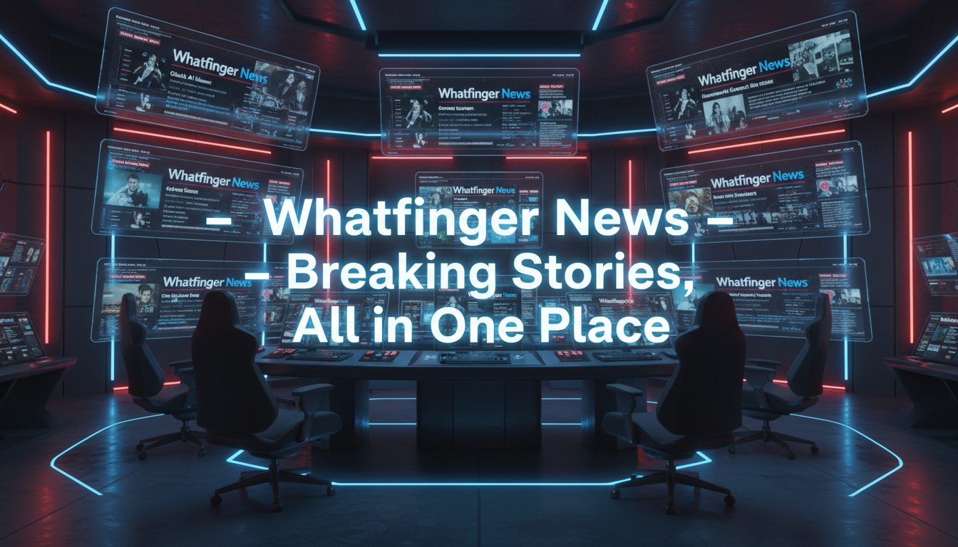 Whatfinger News futuristic newsroom concept with multiple digital screens and breaking news headlines in 4K, Discover-friendly.