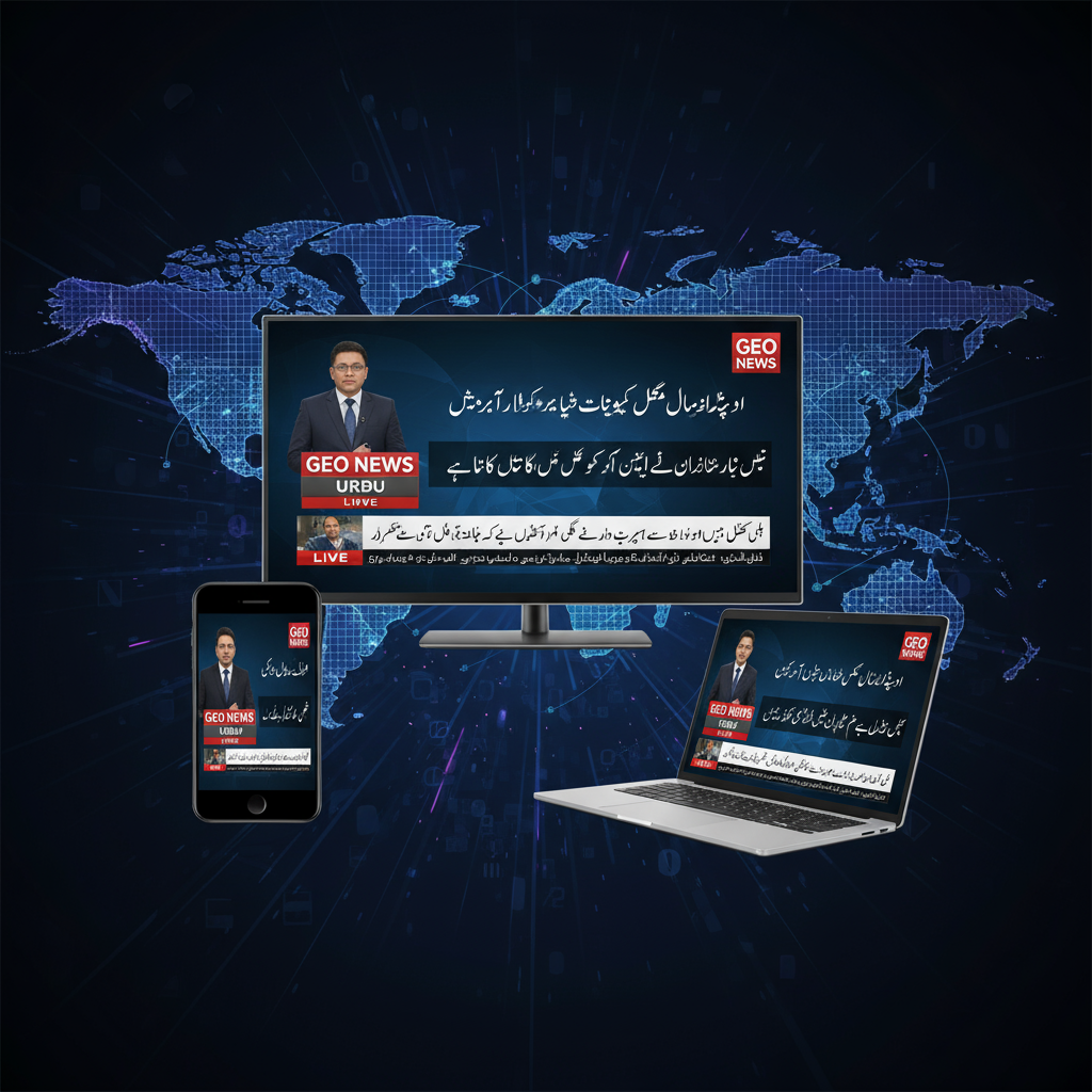 Illustration of Geo News Urdu streaming live on TV, smartphone, and laptop