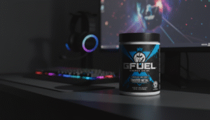 G Fuel shutting down rumors with energy drink tub on gaming desk