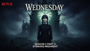 Wednesday season 2 part 2 release time with Jenna Ortega as Wednesday Addams in a gothic midnight setting