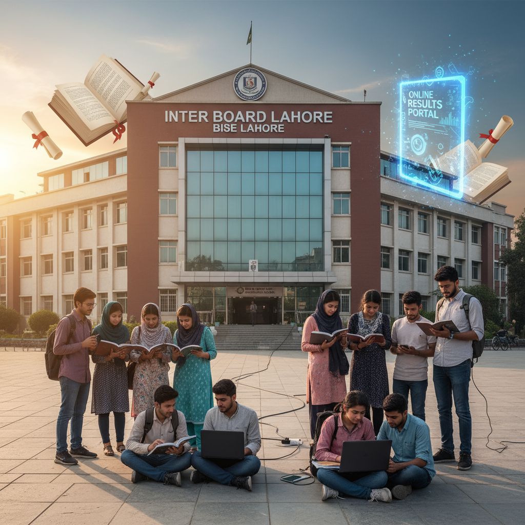 Inter Board Lahore (BISE Lahore) office with students checking results online and holding books