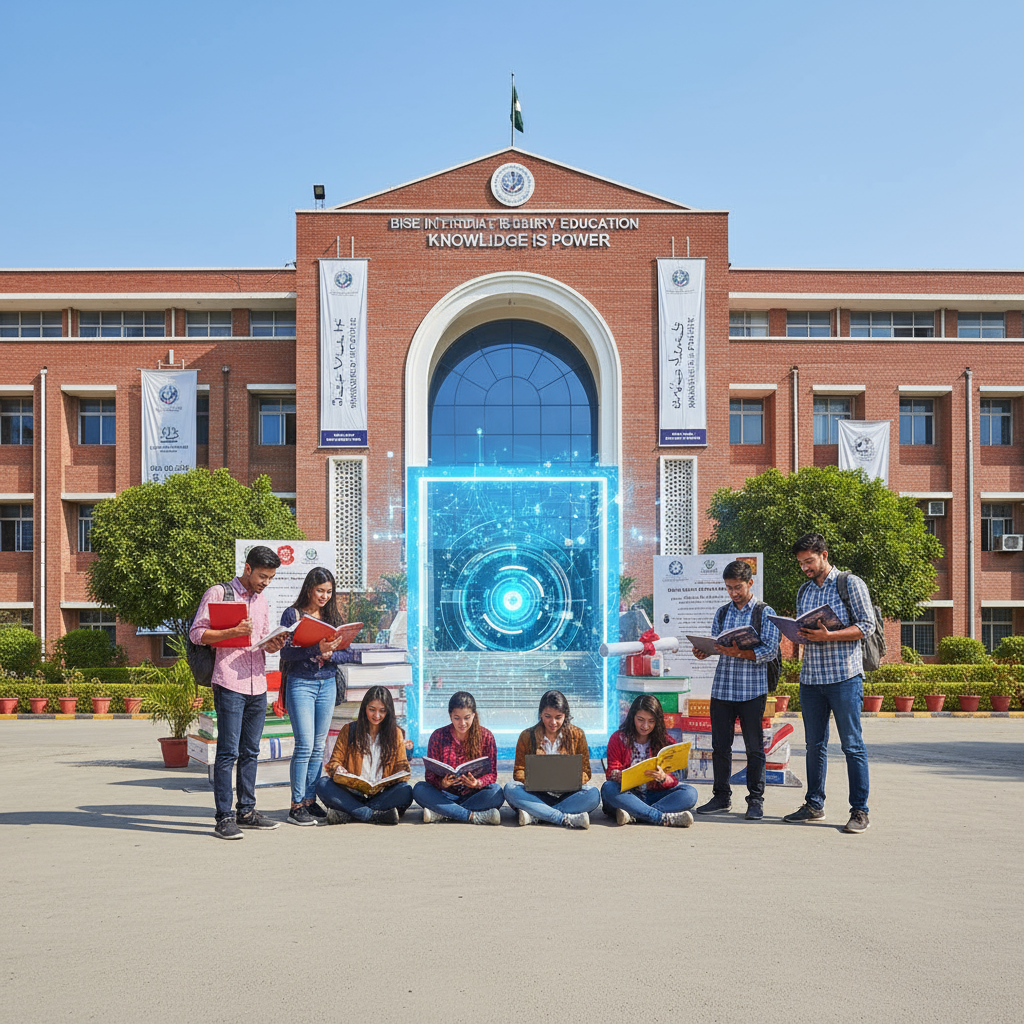 Inter Board Lahore (BISE Lahore) office with students checking results online and holding books