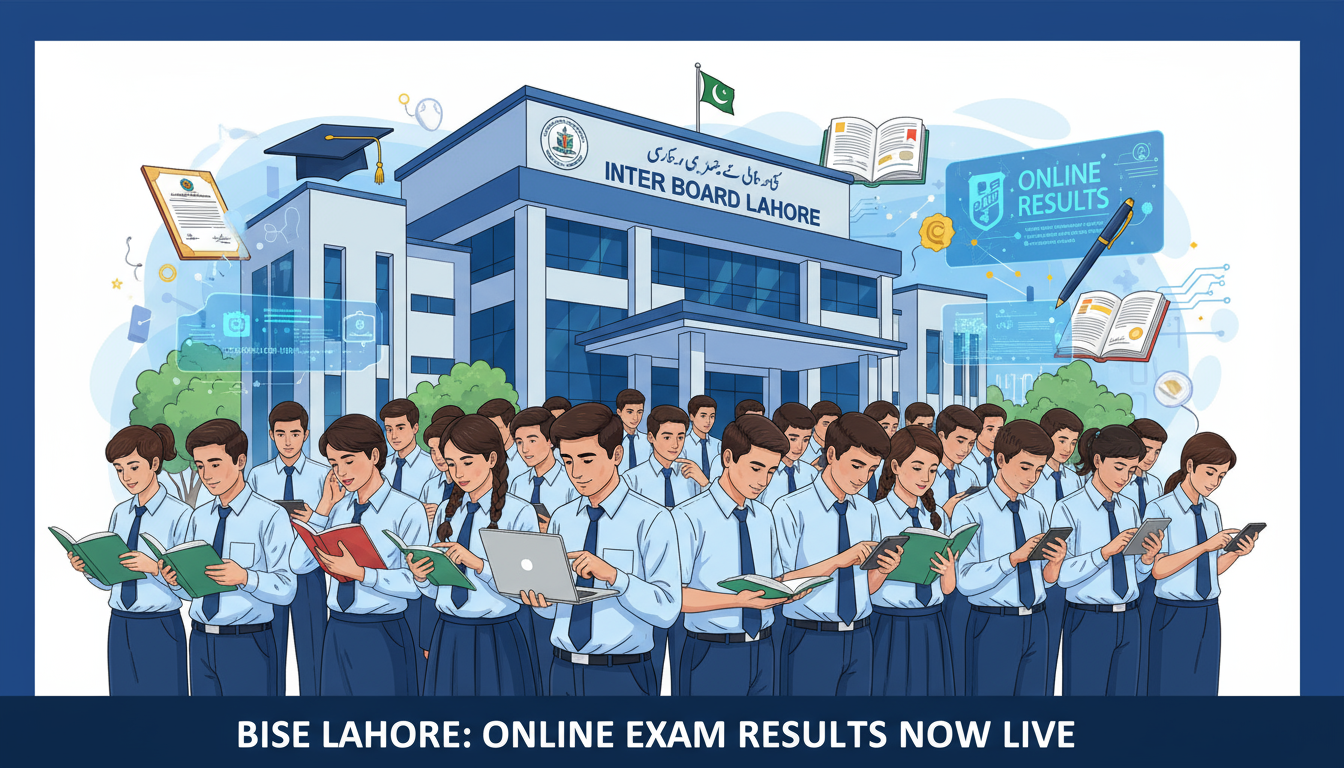 Inter Board Lahore (BISE Lahore) office with students checking results online and holding books