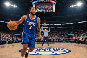 Kawhi Leonard playing for the Los Angeles Clippers with Steve Ballmer cheering courtside