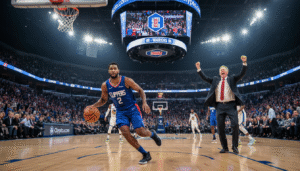 Kawhi Leonard playing for the Los Angeles Clippers with Steve Ballmer cheering courtside inside a packed stadium