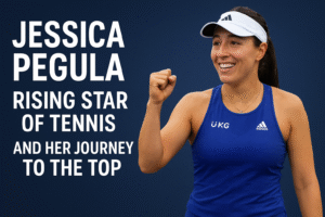 High-quality image of Jessica Pegula in action during a tennis match, holding her racquet with focus and determination.