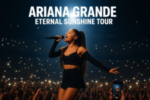 Ariana Grande on stage during a concert with fans holding up phones.