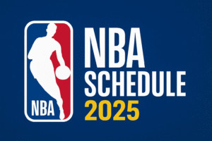 NBA Schedule 2025 with basketball court, players in action, and official season fixtures design.