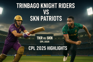 Trinbago Knight Riders vs SKN Patriots CPL 2025 match highlights poster with scorecard text.