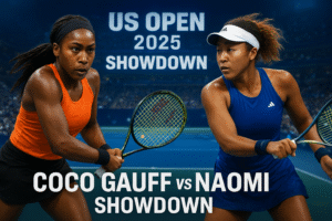 Coco Gauff vs Naomi Osaka US Open 2025 match poster showing both tennis stars in action with live scoreboard background.