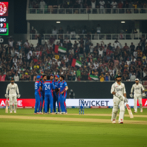 Afghanistan vs UAE cricket match with players in action under stadium lights
