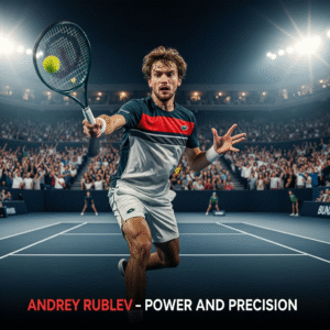 Andrey Rublev hitting a forehand shot during an ATP Tour match with text overlay reading “Andrey Rublev – Power and Precision”.