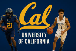 California Golden Bears football players in action with California landmarks in the background, 4K digital sports and lifestyle graphic