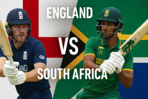 England vs South Africa cricket match with players in action at the stadium