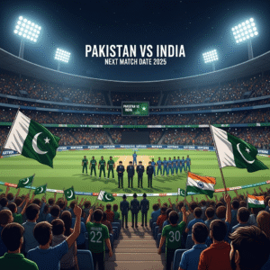 Pakistan vs India next match date 2025 – cricket rivalry with players, stadium crowd, and national flags.