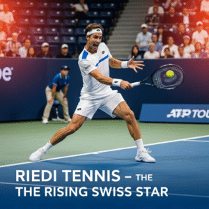 Leandro Riedi hitting a forehand during an ATP Tour match with text overlay reading “Riedi Tennis – The Rising Swiss Star”.