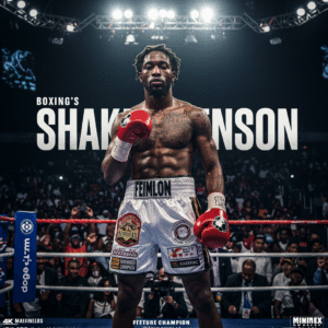 Shakur Stevenson standing confidently in a boxing ring under bright lights, wearing championship gloves and shorts, with fans cheering in the background – professional sports photo 4K.